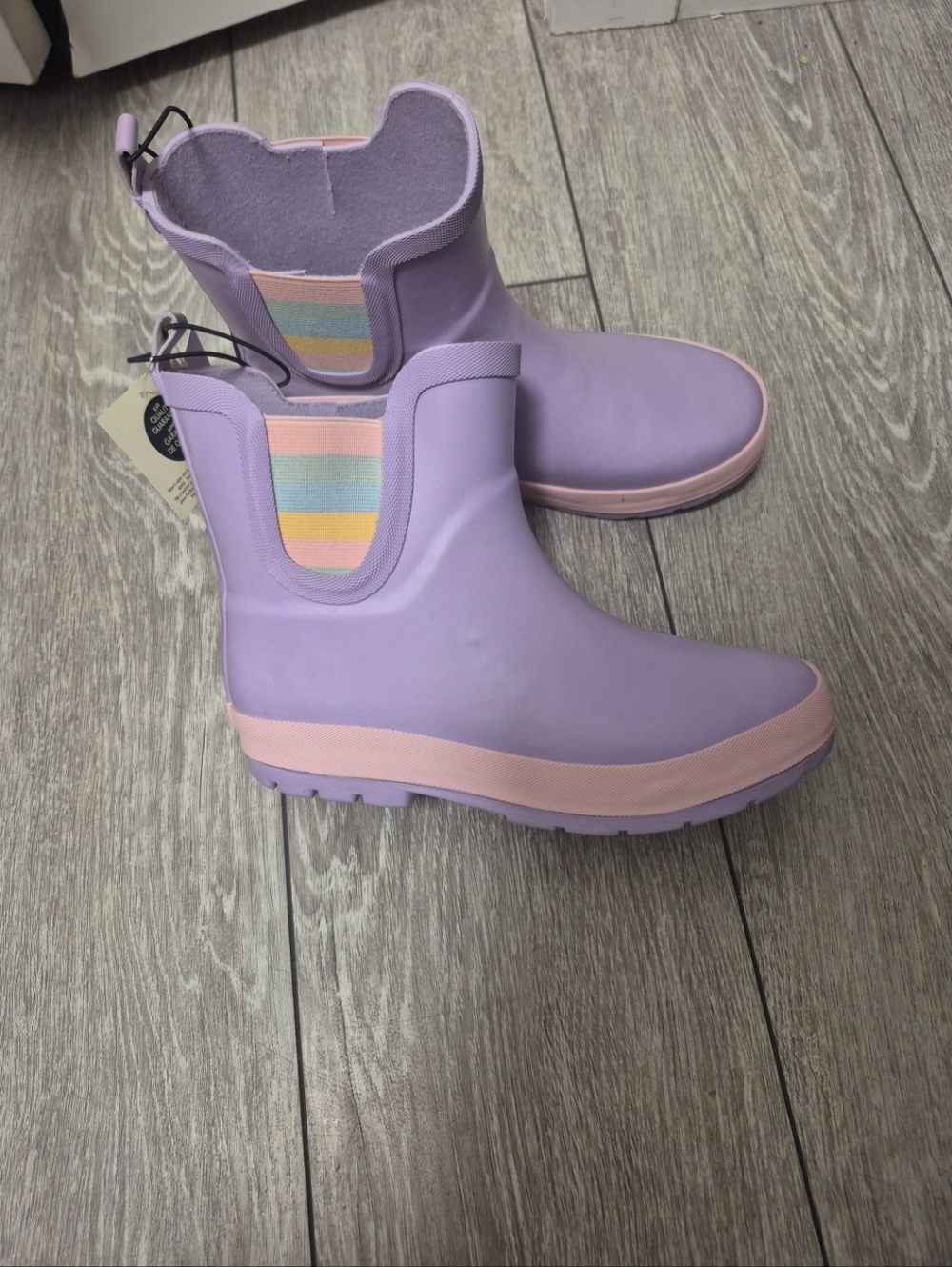 Kids Purple Chelsea Pull-on Rain/Puddle/splash Boots with Pastel Stripe Accent